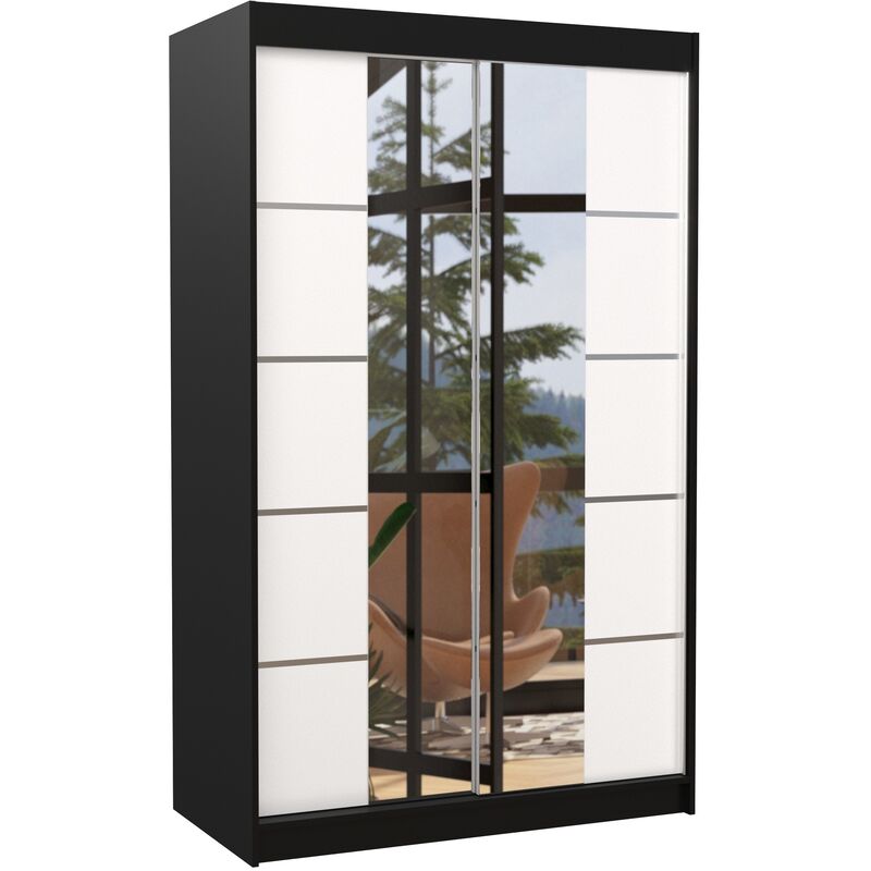 Les Tendances - Petite armoire design de chambre à coucher 2 portes coulissantes noir et blanc avec miroir Kinzo 120cm Les Tendances - Petite armoire design de chambre à coucher 2 portes coulissantes noir et blanc avec miroir Kinzo 120cm