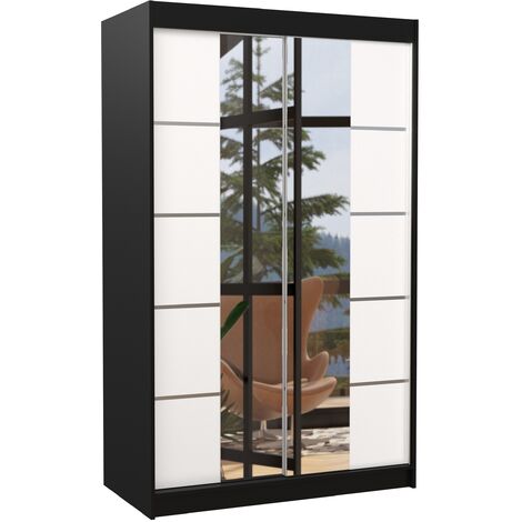 Petite armoire design de chambre à coucher 2 portes coulissantes noir et blanc avec miroir Kinzo 120cm
