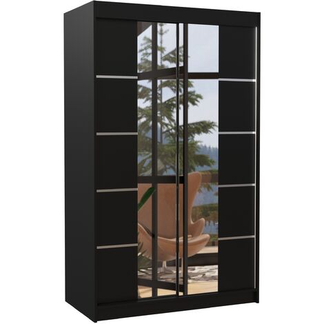 Petite armoire design de chambre à coucher 2 portes coulissantes noir et miroir Kinzo 120cm