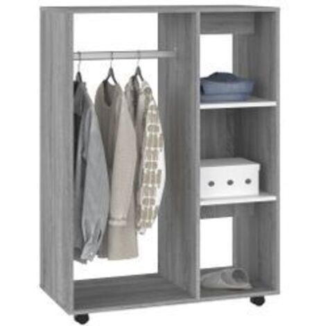 Petite armoire dressing sur roulette 1 penderie 3 étagères 80cm - Collection Event-Chêne gris