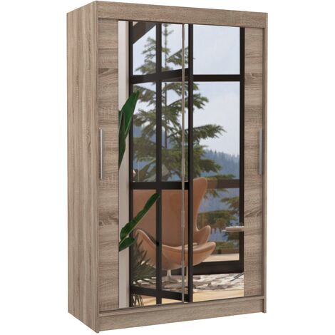 Petite armoire moderne de chambre à coucher bois truffe avec 2 portes coulissantes miroir Ibizo 120cm