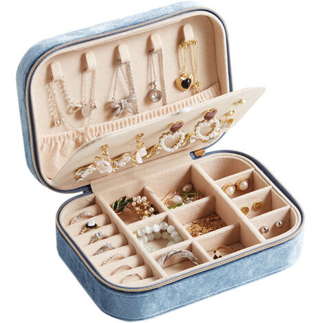 Petite boîte à bijoux de voyage pour colliers, bagues, bracelets, Similicuir de qualité supérieure - Boîte cadeau pour filles et femmes (Bleu clair)