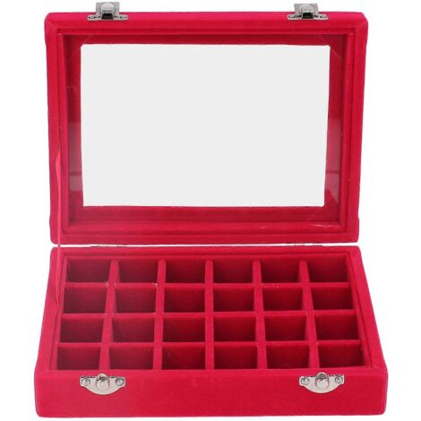 Petite boîte à bijoux en velours rouge à 24 compartiments avec cadenas, idéale pour ranger boucles d'oreilles et bagues.