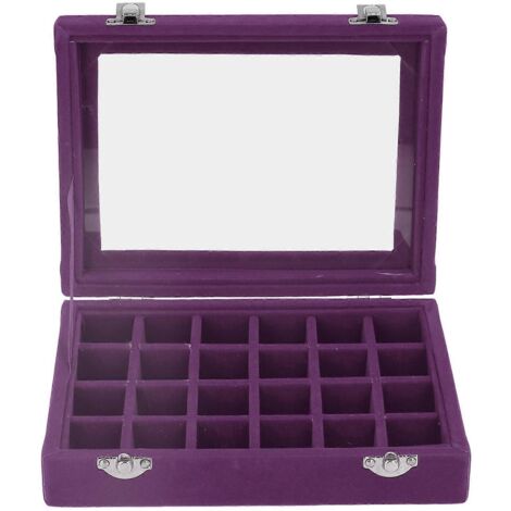 Petite boîte à bijoux en velours violet à 24 compartiments, avec cadenas, idéale pour ranger boucles d'oreilles et bagues.