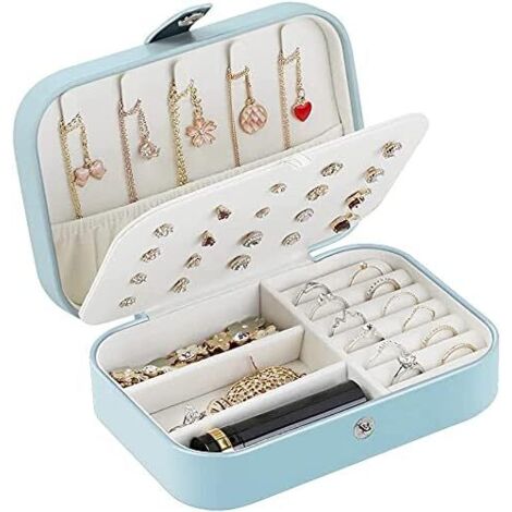 Petite boîte de rangement pour bijoux en cuir artificiel PU de voyage (bleu)