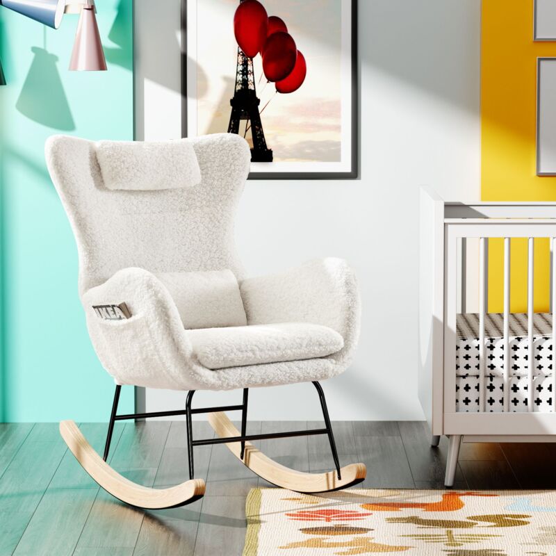 Fauteuil, à Bascule à Dossier, haut et accoudoirs, avec Appui-tête et Repose-Pieds, en velour, blanc