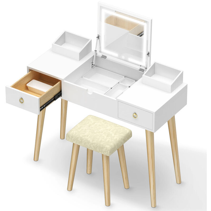 Petite coiffeuse - avec Miroir rabattable et Tabouret - Coiffeuse bois blanche - scandinave - 3 Colour Miroir led à Luminosité Réglable