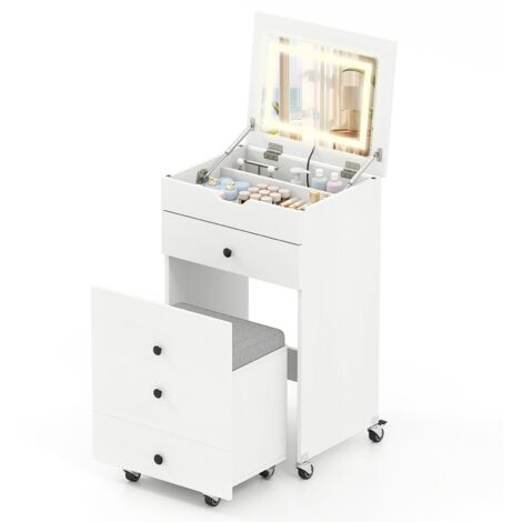 petite coiffeuse compact mini table à maquillage avec tabouret rembourré lumières miroir à abattant éclairage LED luminosité réglable couleur table