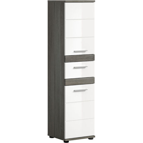 Petite colonne 2 portes 1 tiroir gris et blanc brillant - TWYNI