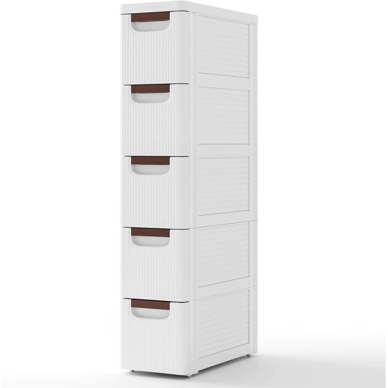 Petite Commode Étroite, Meuble Rangement 3 Tiroirs en Plastique, Commode Salle de Bain à Roulette, Petite Armoire,42x19x91 cm (5 Étages)