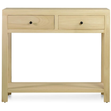 Petite console en bois massif naturel 2 tiroirs 1 étagère Komba 90cm
