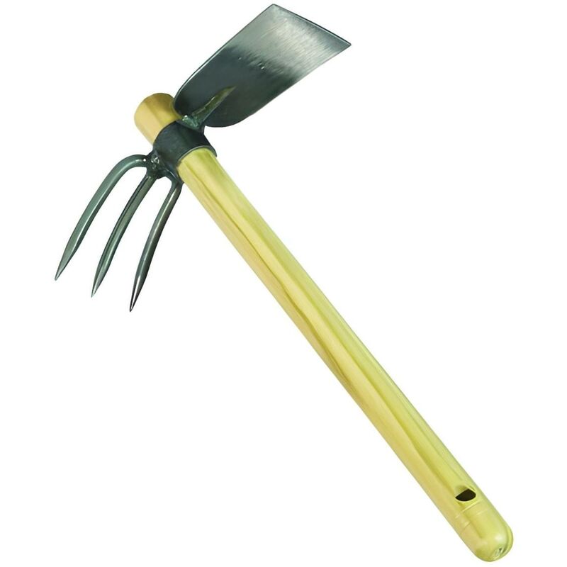 Petite houe 3 piques avec manche en bois coloris naturel- 10 x 8 cm