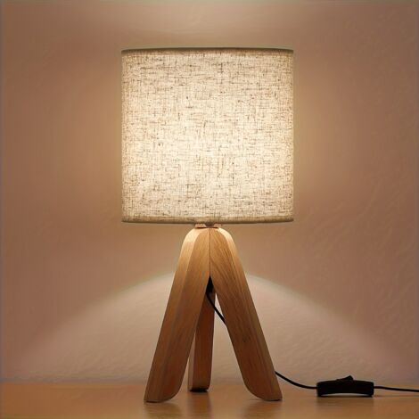 Petite lampe de chevet, trépied en bois, lampe de chevet pour chambre à coucher, alimentée par USB avec abat-jour en tissu
