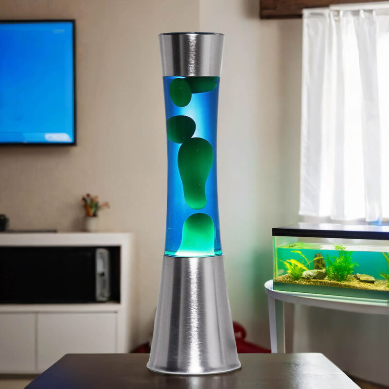 Licht-erlebnisse - Lampe à lave au design rétro gris métallisé avec liquide bleu et cire verte H:39 cm - Chrome, bleu, vert