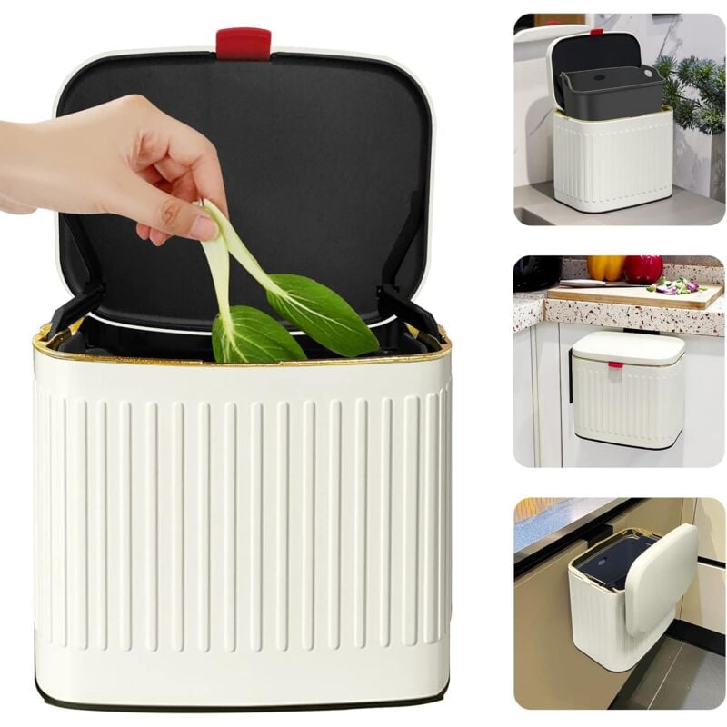 Petite poubelle à compost 2 en 1, poubelle intérieure murale sous l'évier pour cuisine, salle de bain, armoire suspendue (4 litres, blanc/1,05 gallon)