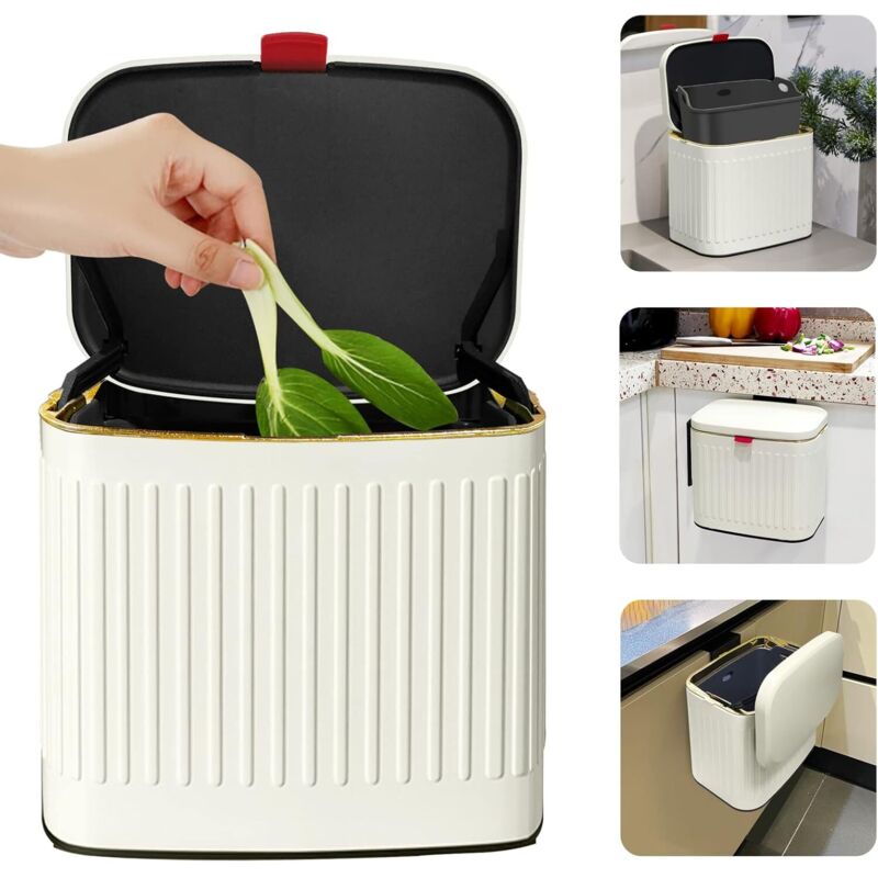Petite poubelle à compost 2 en 1, poubelle intérieure murale sous l'évier pour cuisine, salle de bain, armoire suspendue (4 litres, blanc/1,05 gallon)