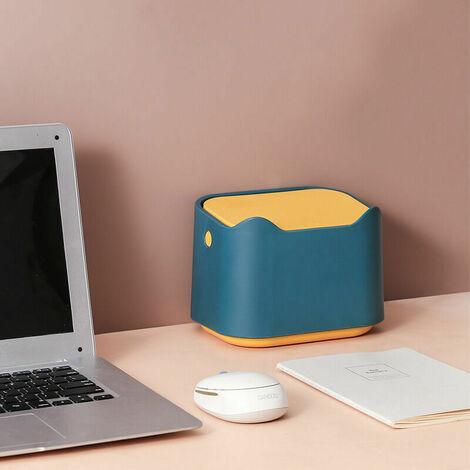 Petite poubelle de bureau avec couvercle adaptée au bureau, à la chambre, au bureau, à la voiture, au couvercle intérieur bleu jaune