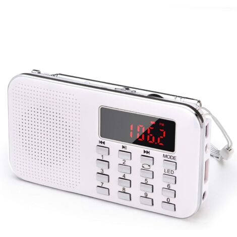 Petite radio portable rechargeable avec batterie rechargeable de 1 200 mAh et éclairage de secours, mini USB/SD/AUX (blanc)
