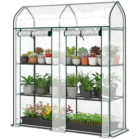 Petite serre de balcon 3 étagères, bâche PVC transparente, châssis acier, 143x46x165 cm