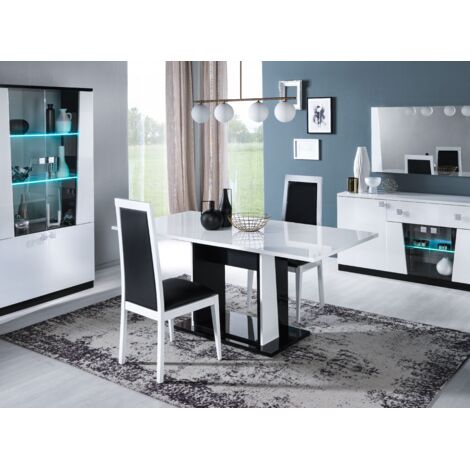 Petite table à manger extensible bois blanc et noir vernis laqué brillant Bilia 140 à 180cm