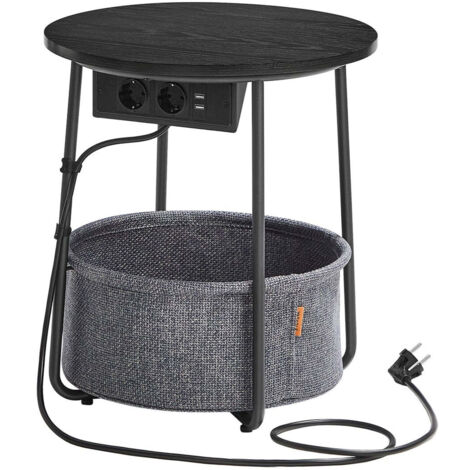 Petite table basse 45 x 50 cm ronde table d’appoint avec panier en tissu rangement pour salon chambre table de chevet style moderne noir