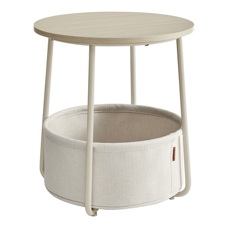 Petite Table Basse Ronde, avec Panier en Tissu, Rangement, pour Salon, Chambre, Table de Chevet, Style Moderne, Beige Naturel et Blanc Crème