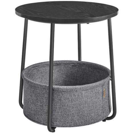 Petite Table Basse Ronde, avec Panier en Tissu, Rangement, pour Salon, Chambre, Table de Chevet, Style Moderne, Noir Boisé et Gris Ardoise