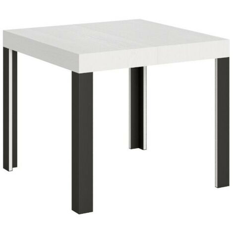 Petite table carrée 90/90 cm extensible 10 personnes 90 à 246 cm blanc et pieds métal gris foncé Liva