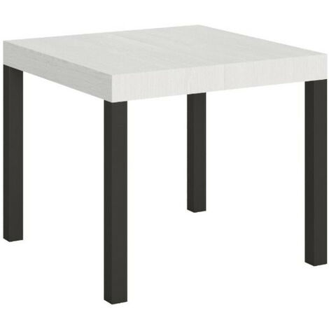 Petite table carrée 90/90 cm extensible 10 personnes 90 à 246 cm blanche et métal anthracite Evy