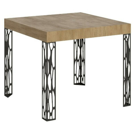 Petite table carrée 90/90 cm extensible 10 personnes 90 à 246 cm bois clair et pieds métal gris foncé Gisa