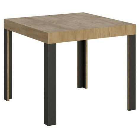 Petite table carrée 90/90 cm extensible 10 personnes 90 à 246 cm bois clair et pieds métal gris foncé Liva