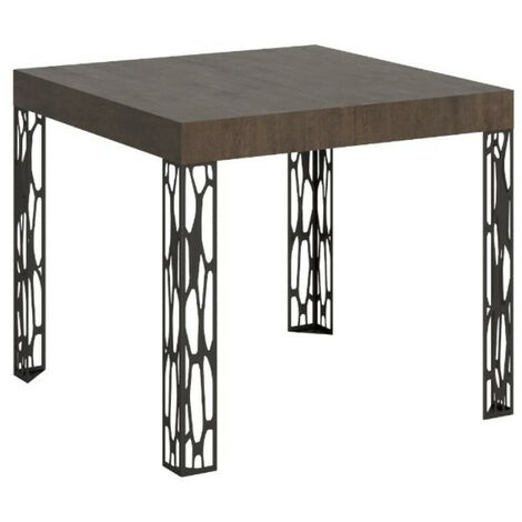 Petite table carrée 90/90 cm extensible 10 personnes 90 à 246 cm bois foncé et pieds métal gris foncé Gisa