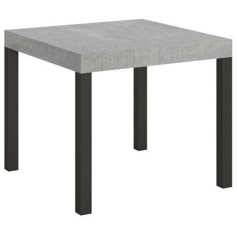 Petite table carrée 90/90 cm extensible 10 personnes 90 à 246 cm gris béton et métal anthracite Evy