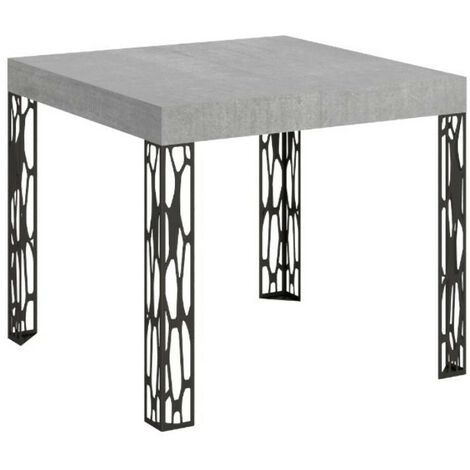 Petite table carrée 90/90 cm extensible 10 personnes 90 à 246 cm gris béton et pieds métal gris foncé Gisa
