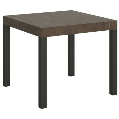 Petite table carrée 90/90 cm extensible10 personnes 90 à 246 cm bois foncé et métal anthracite Evy