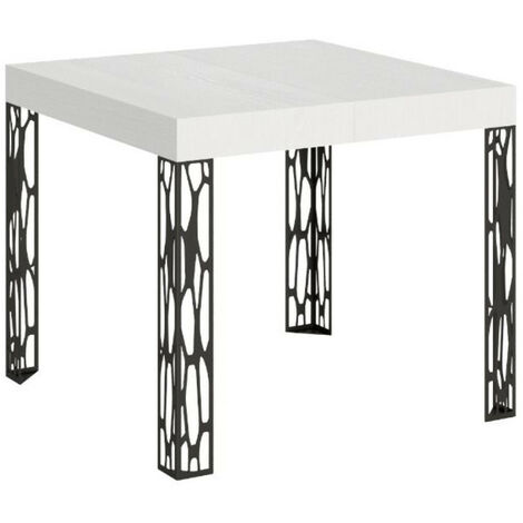 Petite table carrée 90-90cm extensible 10 personnes 90 à 246cm blanche et pieds métal gris foncé Gisa