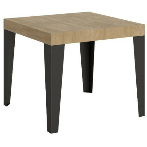 Petite table carrée 90-90cm extensible 10 personnes 90 à 246cm bois chêne clair et pieds métal anthracite Flavio