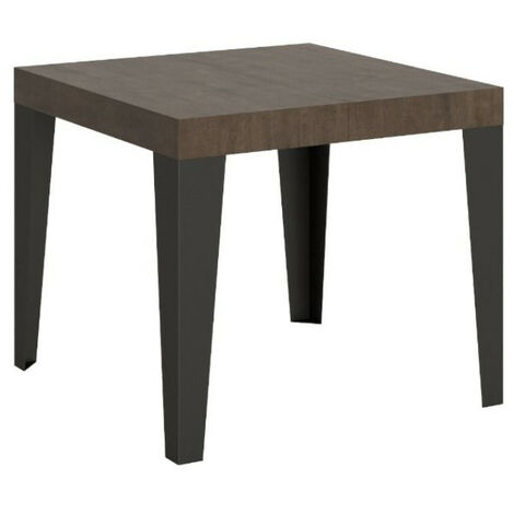 Petite table carrée 90-90cm extensible 10 personnes 90 à 246cm bois noyer et pieds métal anthracite Flavio