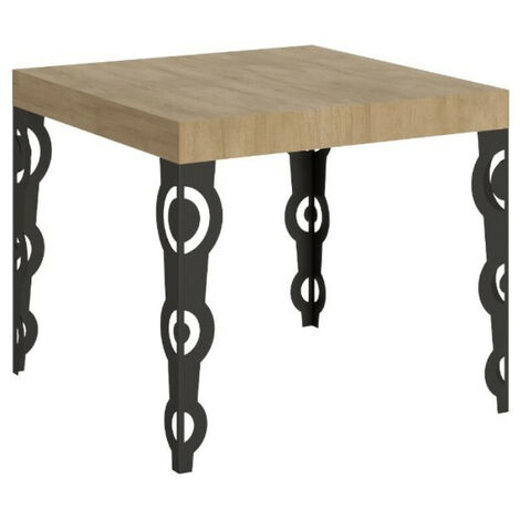 Petite table carrée 90x90 cm extensible 10 personnes 90 à 246 cm bois clair et pieds métal anthracite Kazay