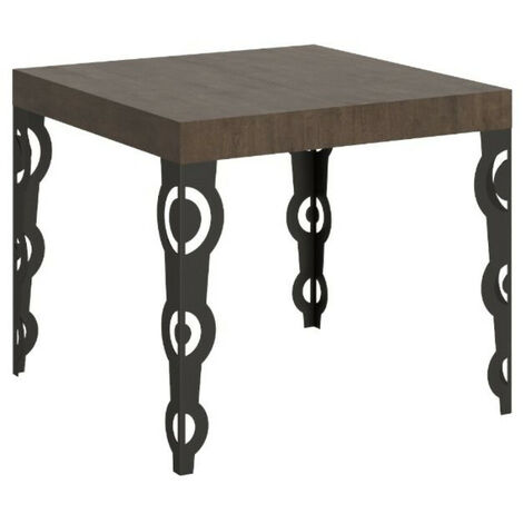 Petite table carrée 90x90 cm extensible 10 personnes 90 à 246 cm bois foncé et pieds métal anthracite Kazay