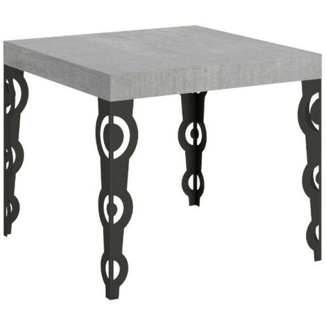 Petite table carrée 90x90 cm extensible 10 personnes 90 à 246 cm gris béton et pieds métal anthracite Kazay