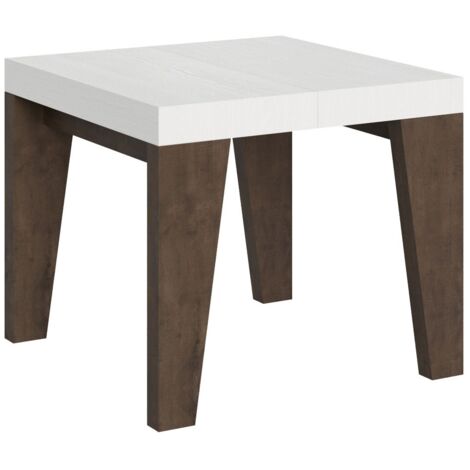 Petite table carrée extensible bois blanc et noyer 90 à 246cm Naxo-Pied et support sur roulettes