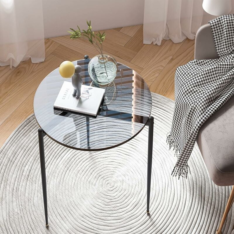 S-giant - Petite Table d'Appoint Salon: Bout de Canapé Ronde Noir en Verre Trempé Table de Chevet Cadre en Métal Guéridon Design Moderne pour Chambre