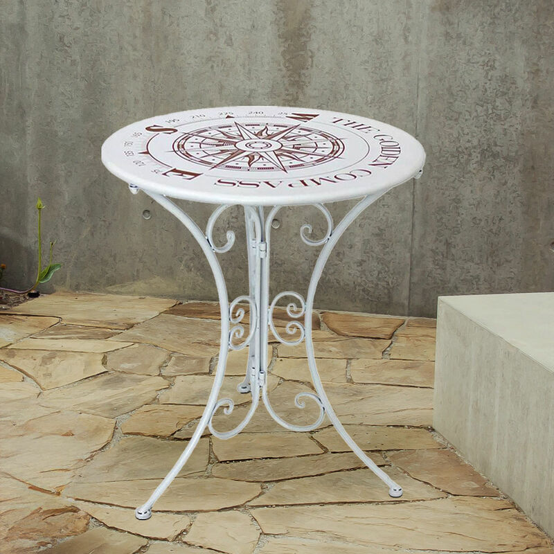 Petite table de jardin table d'appoint en fer table de balcon petite ronde, blanc, design boussole, DxH 60x70 cm