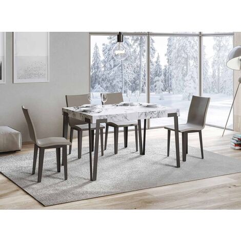 Petite table extensible rectangulaire 4 à 10 personnes blanc effet marbre et pieds métal anthracite L 130 à 234 cm Konta
