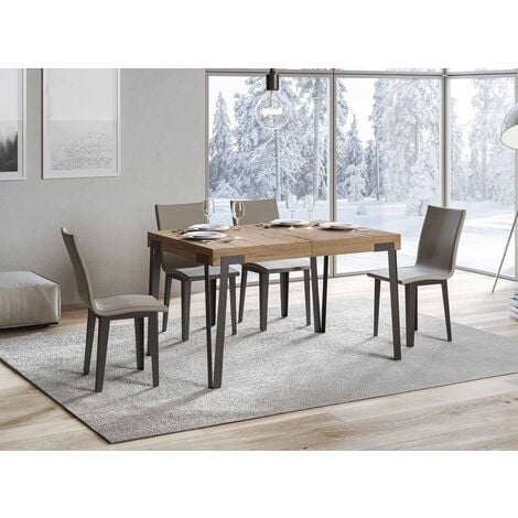 Petite table extensible rectangulaire 4 à 10 personnes bois clair et pieds métal anthracite L 130 à 234 cm Konta