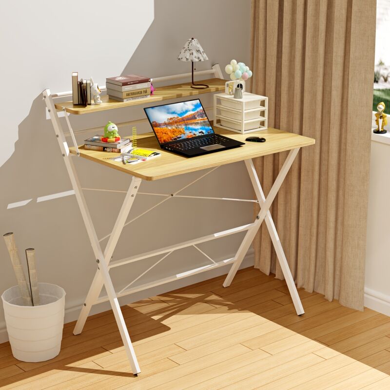 Sifree - Petite table pliante,80x50x107cm,Bureau d'ordinateur pliable à 2 niveaux avec étagère