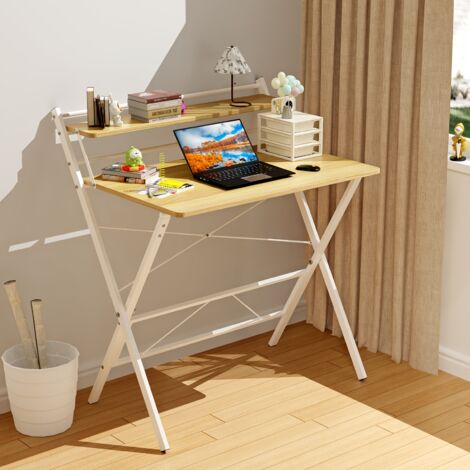 Petite table pliante,80x50x107cm,Bureau d'ordinateur pliable à 2 niveaux avec étagère