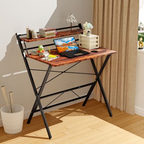 Petite table pliante,80x50x107cm,Bureau d'ordinateur pliable à 2 niveaux avec étagère