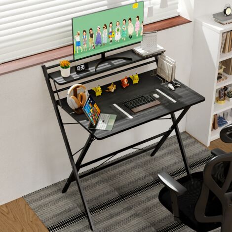Petite table pliante,80x50x107cm,Bureau d'ordinateur pliable à 2 niveaux avec étagère